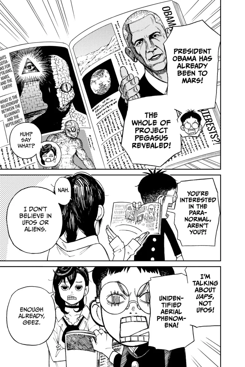 The book contains an image of President Obama and some aliens. Momo Ayase says she doesn't believe in aliens.
