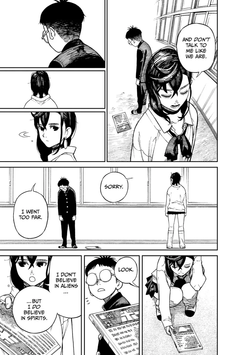 The kid falls silent. Momo apologizes for her behavior, picks up the book, gives it to him, & says she believes in spirits.