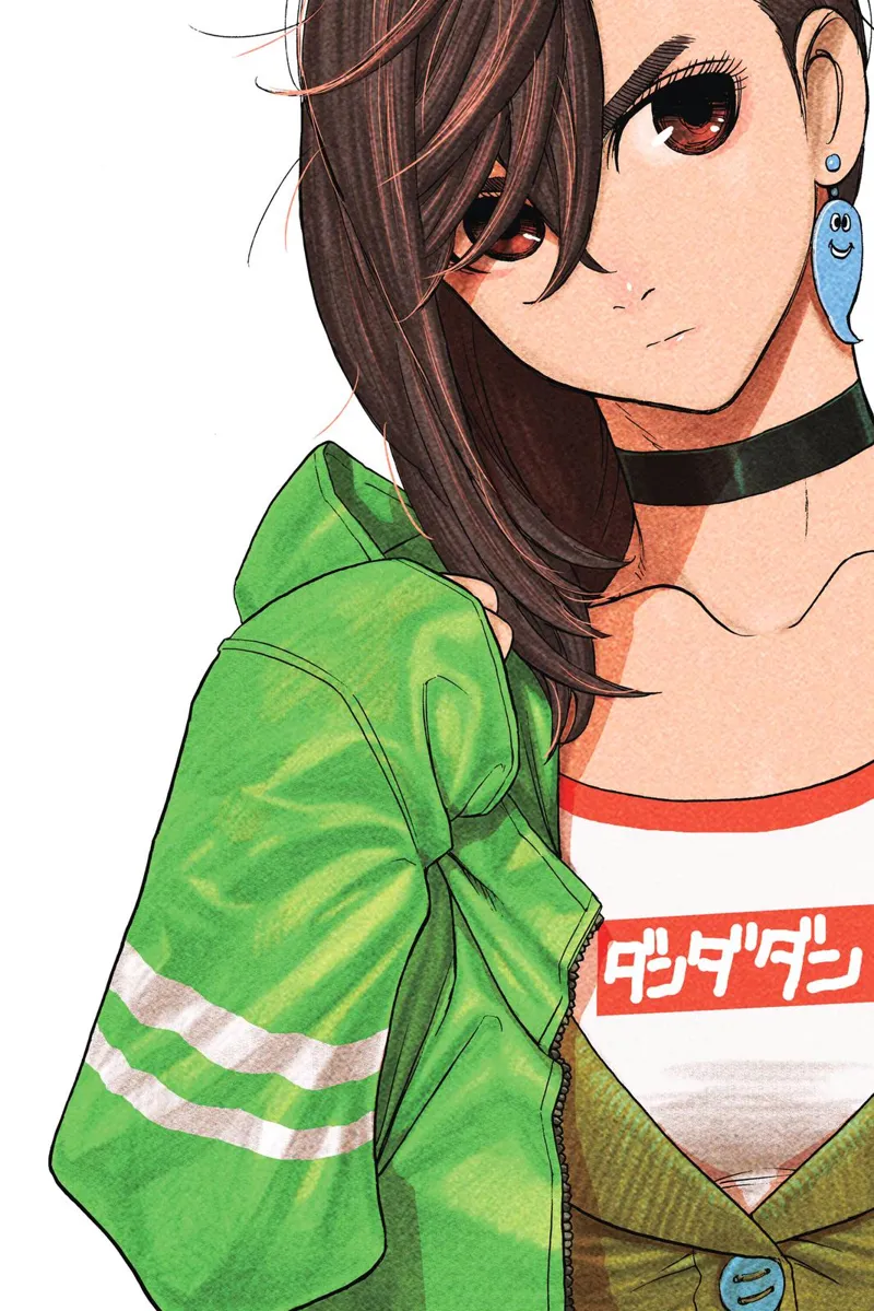 Momo Ayase wearing yellow green jacket in her dark brown hair and pretty face.