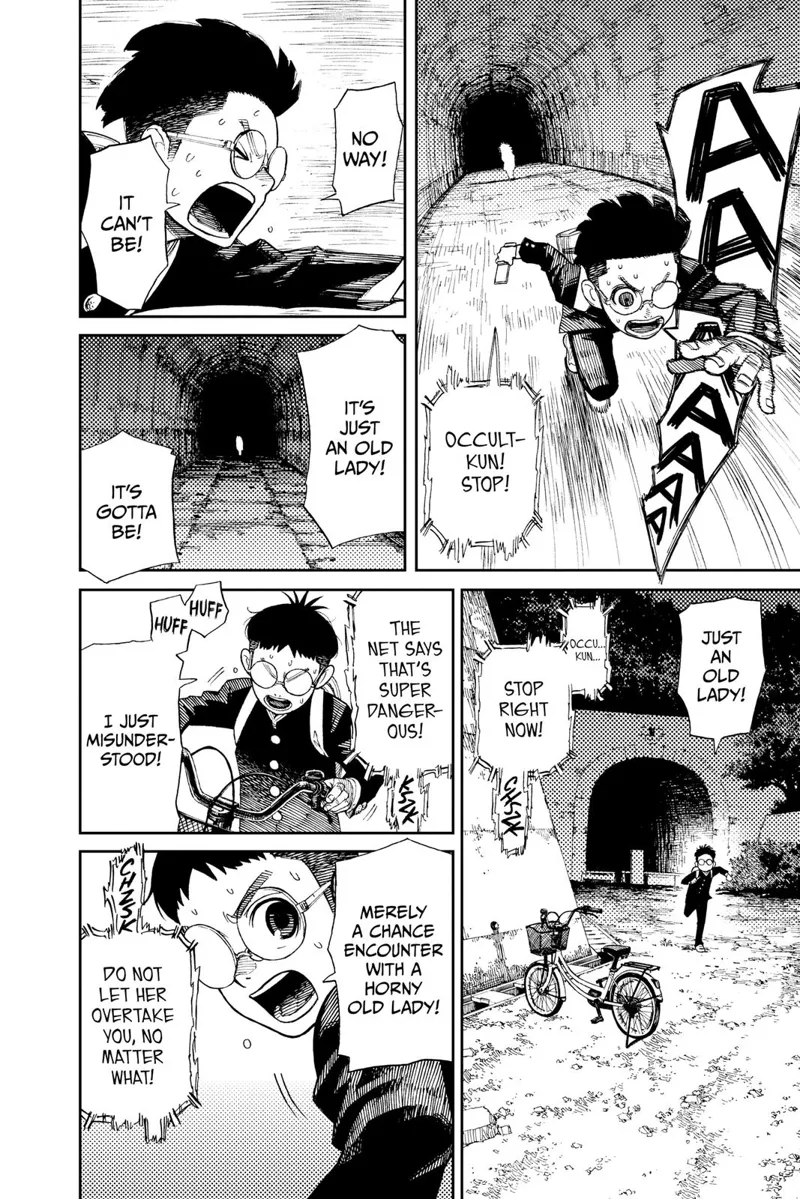 The kid, whom Ayase calls Occult-kun, runs away and exits the tunnel. He grabs his bike while Ayase tells him to stop running.