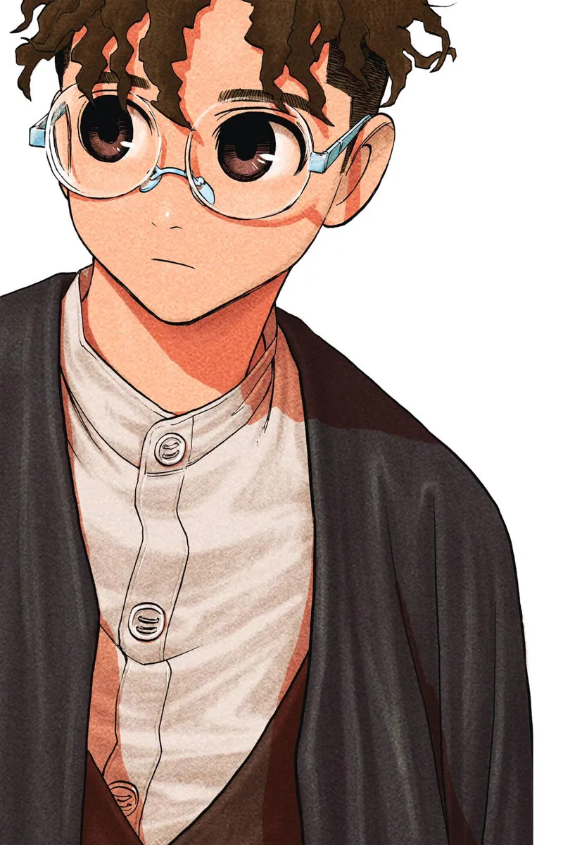 Colored image of a young boy with dark, curly hair wearing eyeglasses gray coat, and white undershirt.