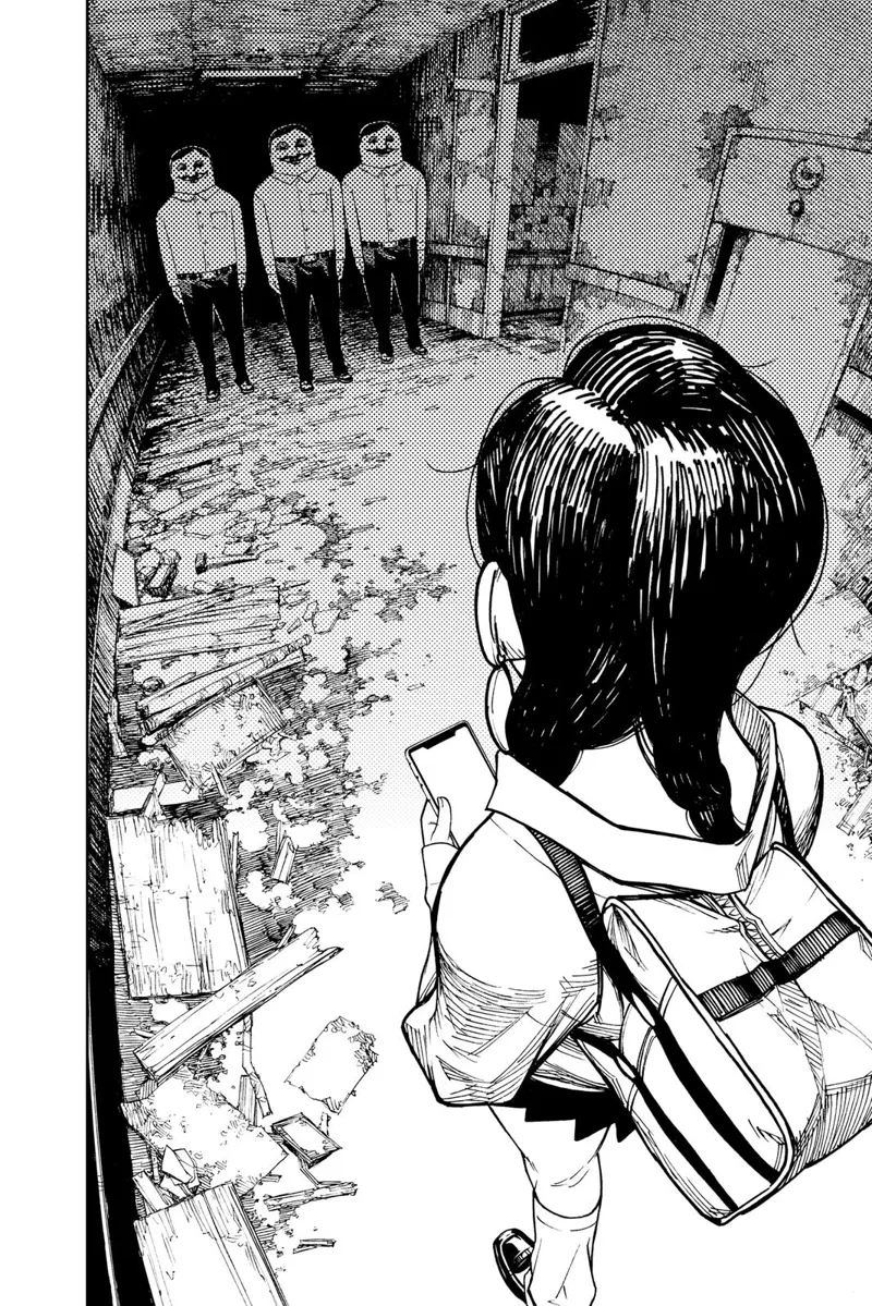 Suddenly, Ayase notices three weird men, similarly alike, blocking the hallway.