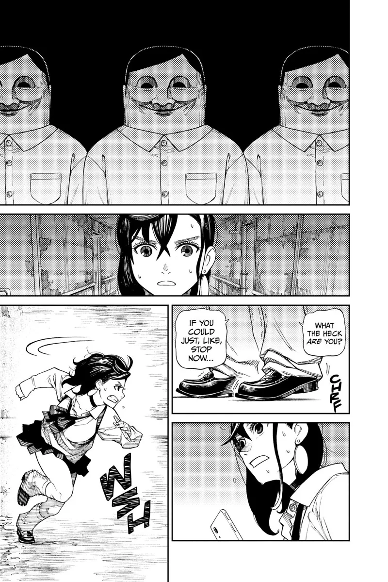 Ayase sweats,asks the wierd men, and starts running as one of the men talks to her.