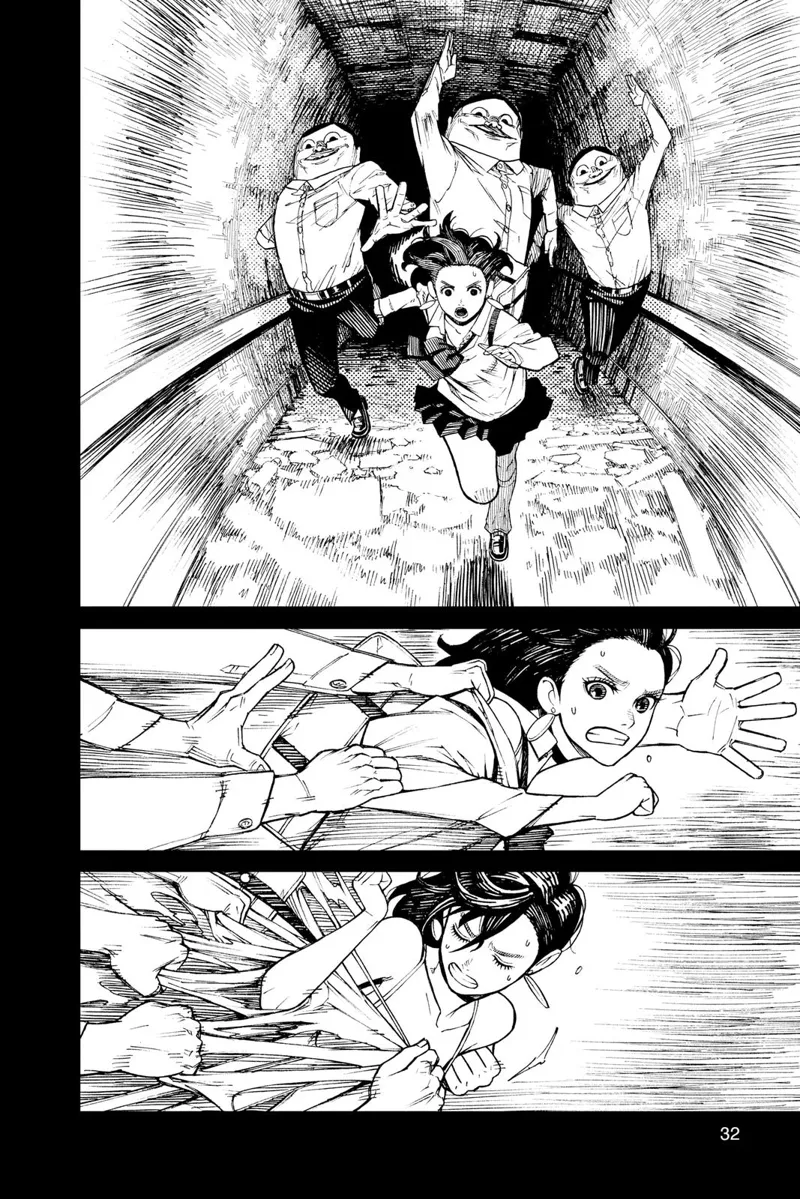 Ayase runs and the three wird men chases her. They grab her clothes and slowly tears it.