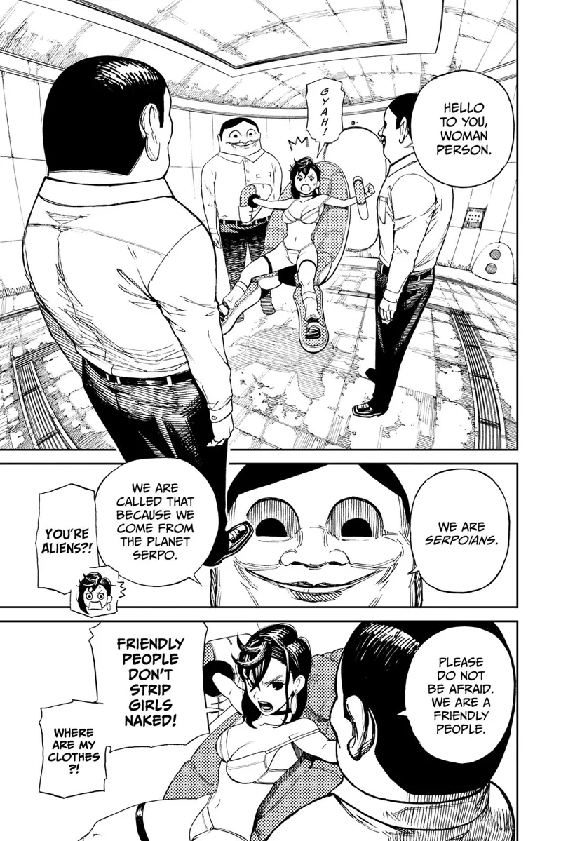 Ayase is sitting naked with arms and legs are strapped. One of the men introduces themselves as Serpoians, from planet Serpo.