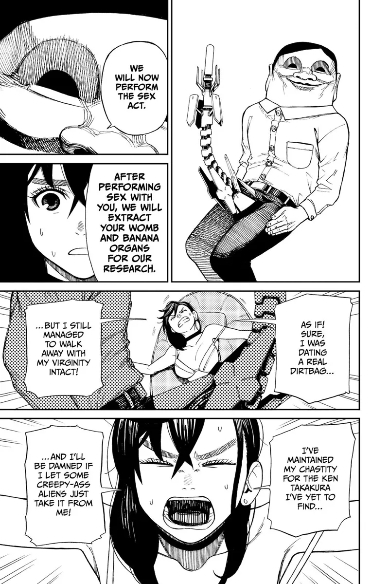 One of the alien takes out his robotic reprodutive organ to have sex with Ayase. She screams wanting to be released.