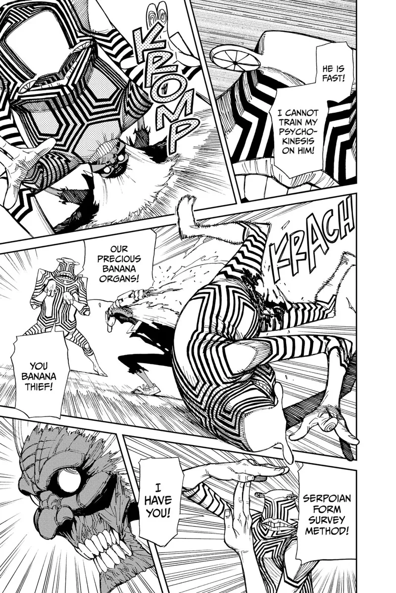 Transformed Occult-kun bites the second transformed alien. The third alien exclaimed they lose another banana organ.
