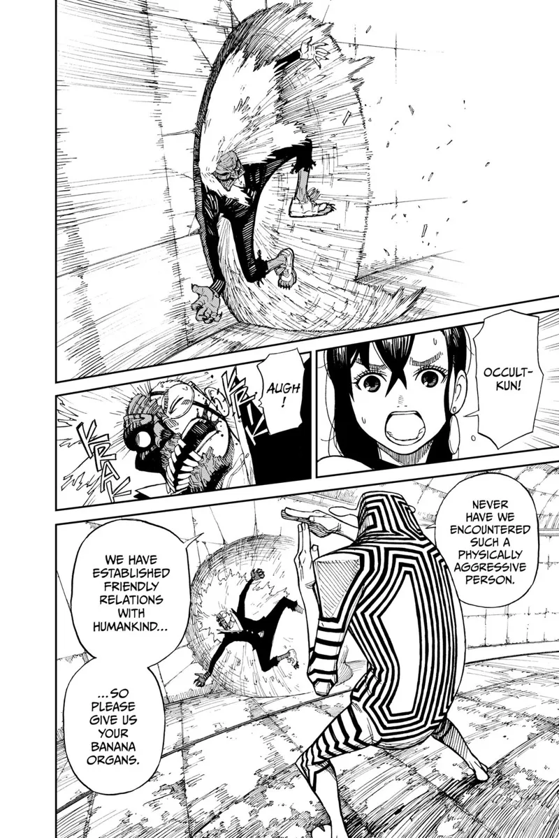Transformed Occult-kun smashes into a wall after getting hit by the alien's attack. Ayase exclaims.