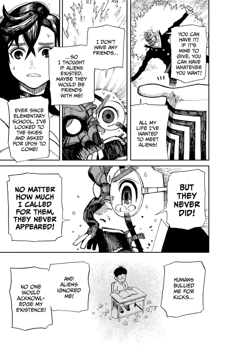 Suddenly, half of Occult-kun's real face appear. He cries while telling the alien to take his banana organ.