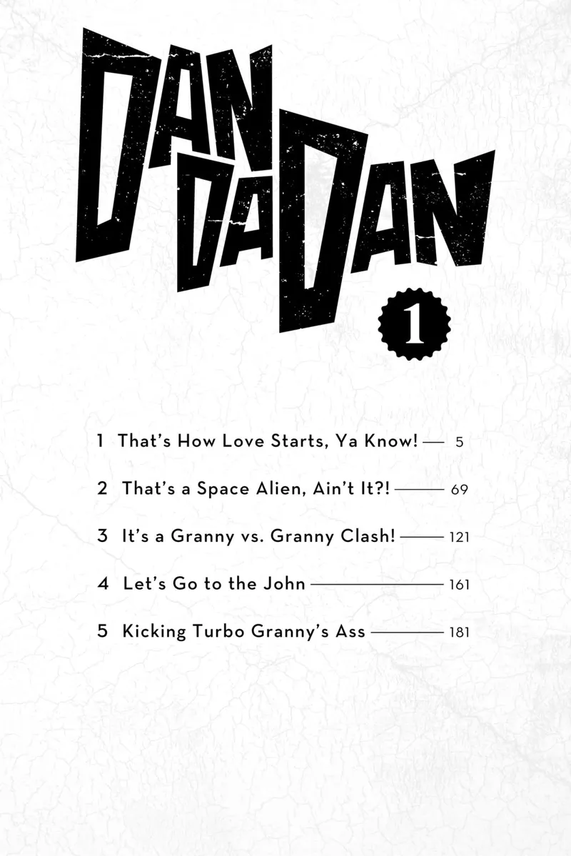 Dandadan Volume 1 list of chapters from one to five.