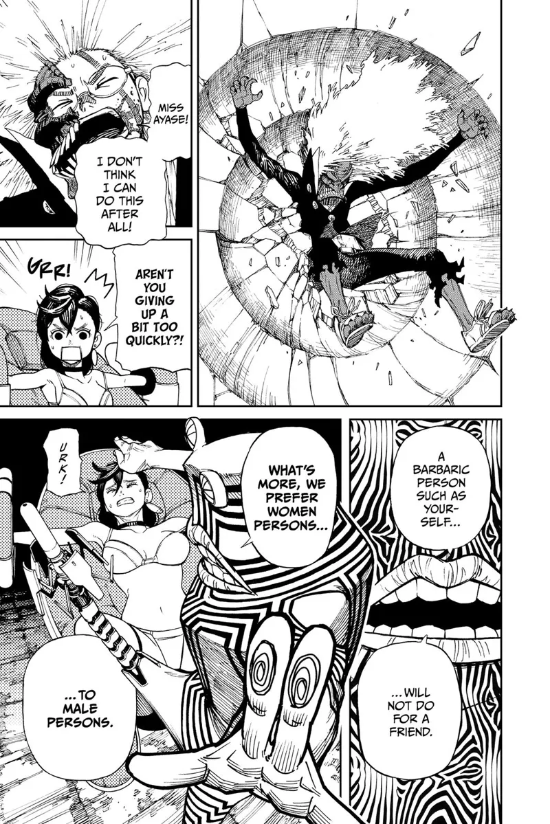 Occult-kun gets pinned down by the alien's attack. The alien takes out his robotic penis and prepares to have sex with Ayase.