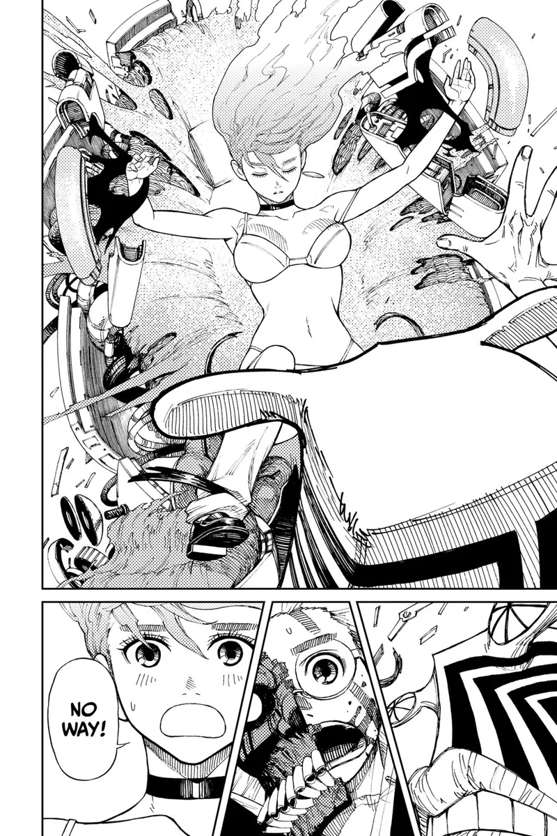 Suddenly, a powerful energy force comes out of Ayase's body. The contraption restraining her gets broken.