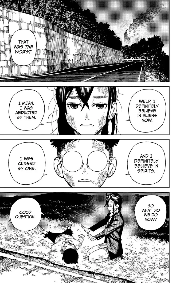 At a distance from the explosion, Ayase heals Occult-kun. They now believe in aliens and spirits plan for their next move.