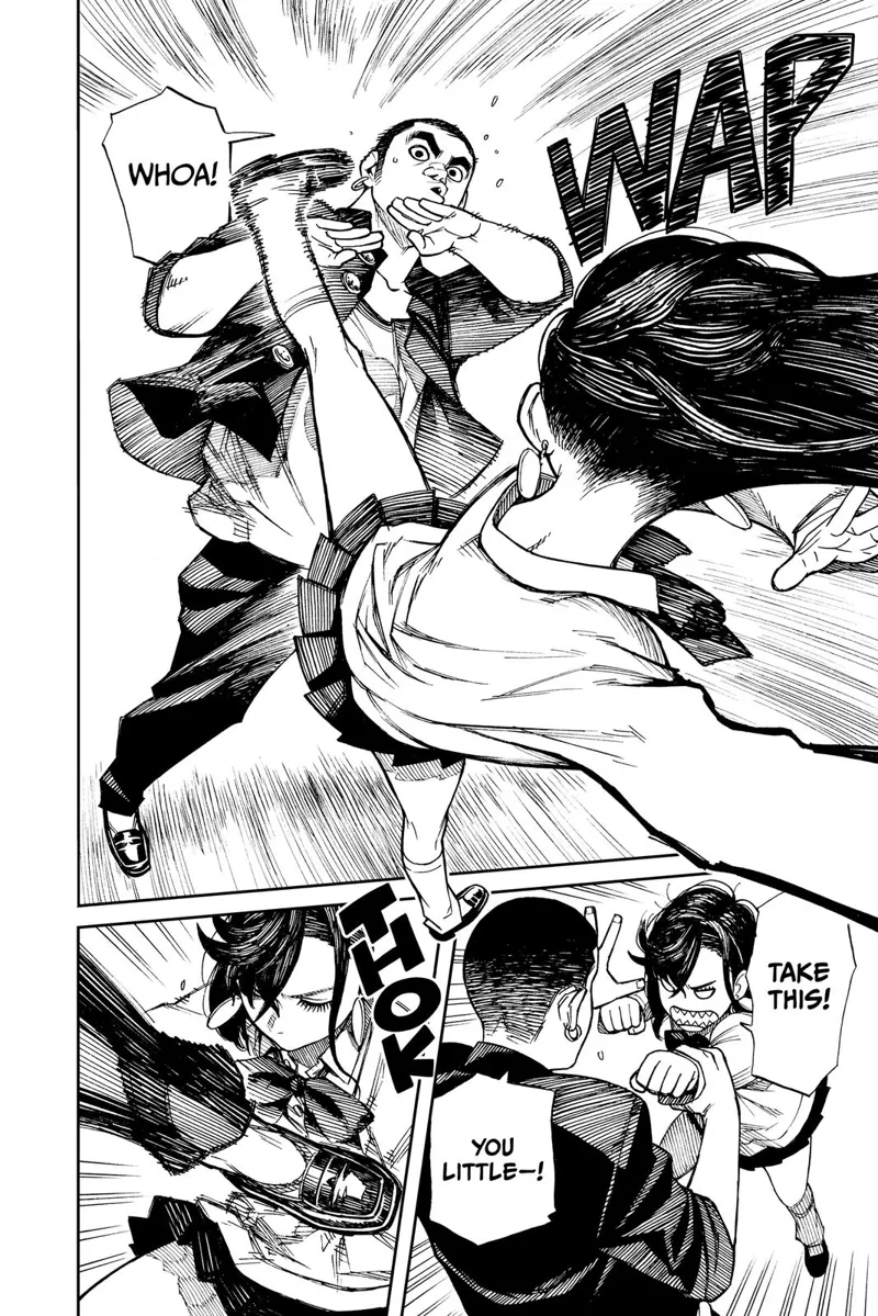 The woman, in school uniform and short skirt, suddenl kicks and punches the man who also looks like a student.