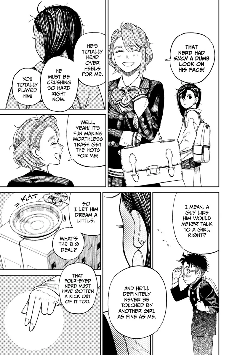 Momo hears the lady talking bad at Okarun, calling him dumb. Okarun just stands, thinking the lady likes him.