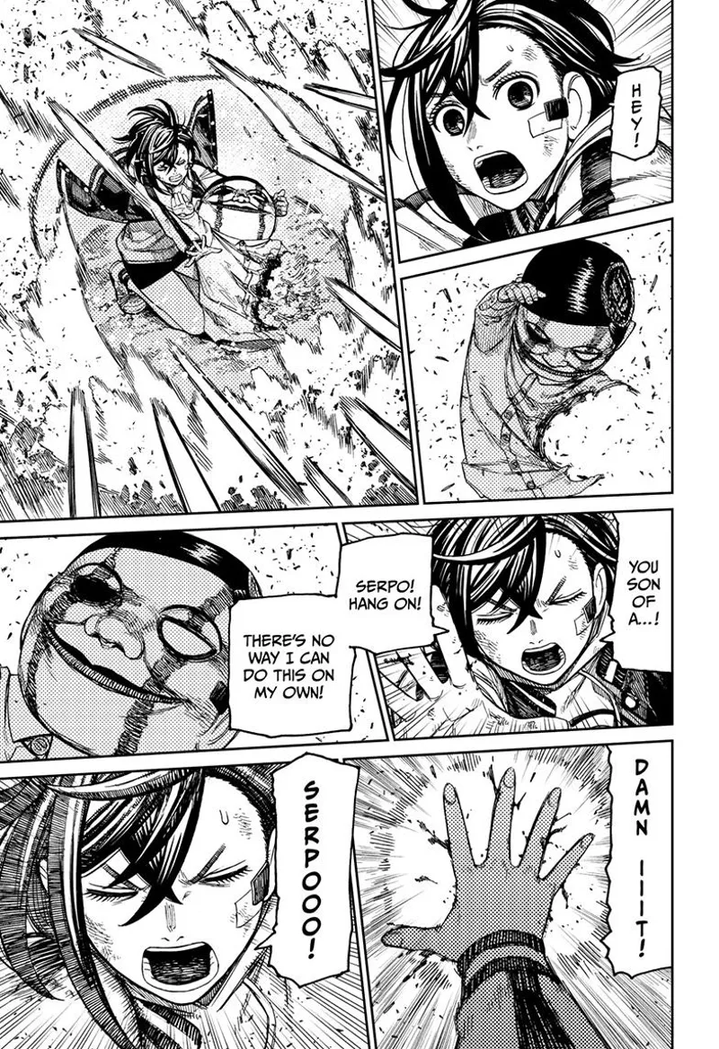 Serpo's left body gets decimated after getting hit. Momo is worried about him.