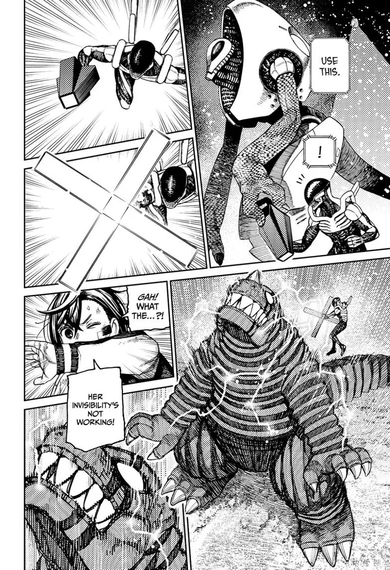 The alien leader gives the skinny alien a weapon. He uses it to restrain Kaiju Vamola.
