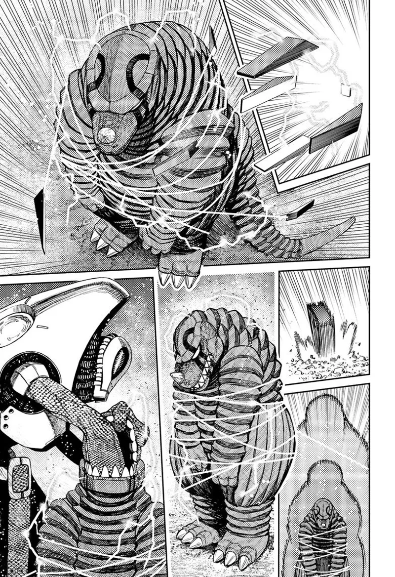 The weird weapon wraps around Vamola. The alien leader opens the Kaiju's mouth and takes something inside.