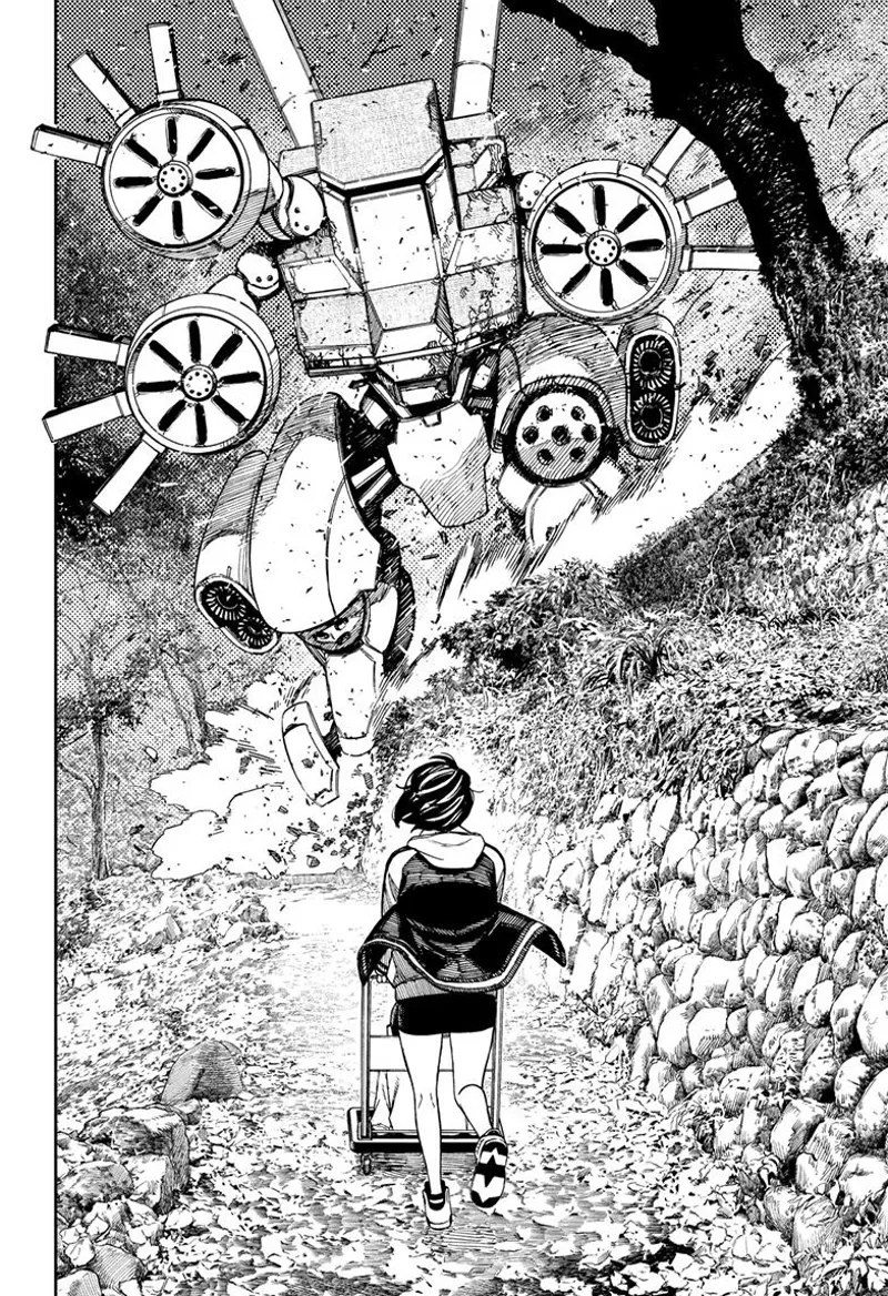 Momo stops after seeing a colossal robot meeting her.