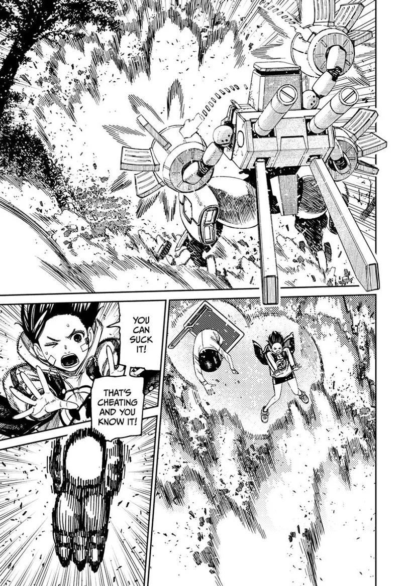 The alien robot fires machine gut at Momo and the Serpo. Momo stretches her arm forward to block the attack.