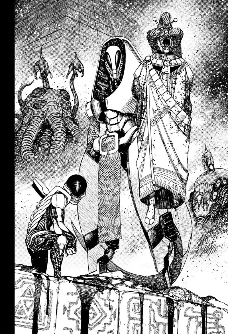 The alien leader grabs another creature by its head. His minions attack the place.