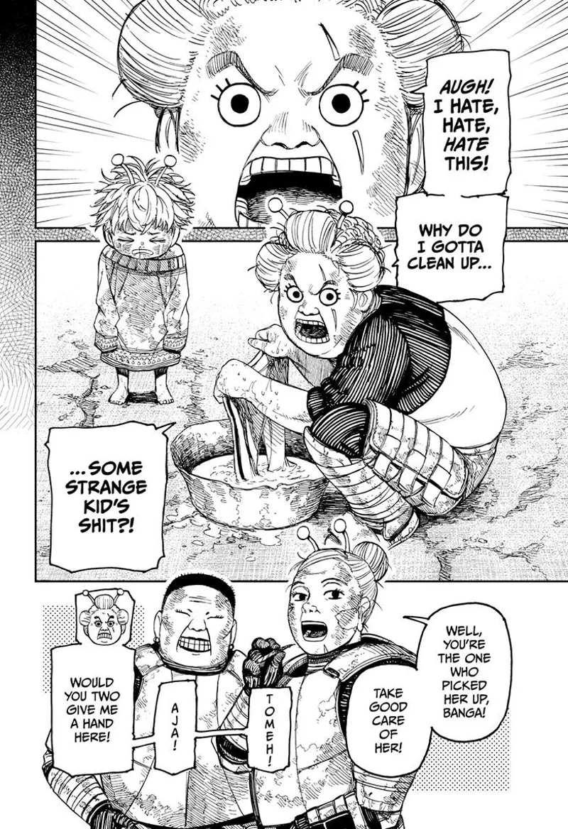 An older woman is washing the kid's clothes. Two of the soldiers laugh at her.