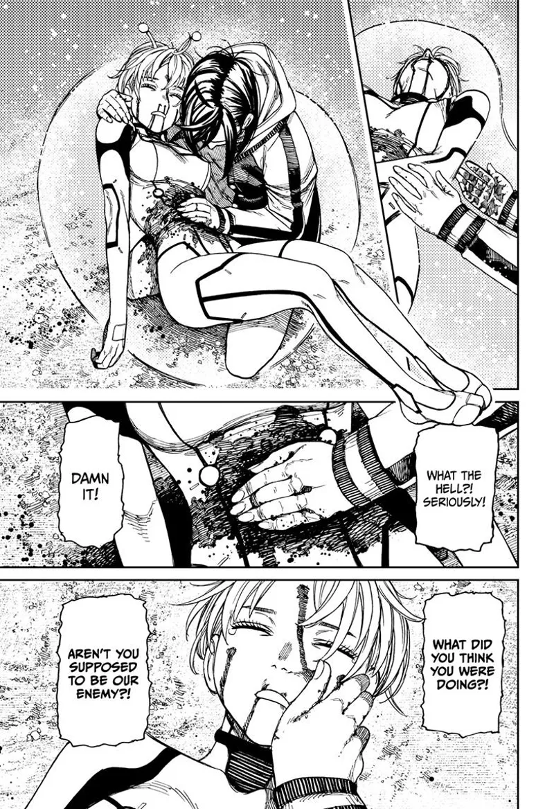 The skinny alien punches Momo but gets thrown away after Serpo activates his shield.
