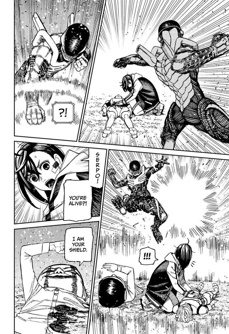 The skinny alien kicks Serpo's shield as Momo closes Vamola's wound to stop the bleeding.