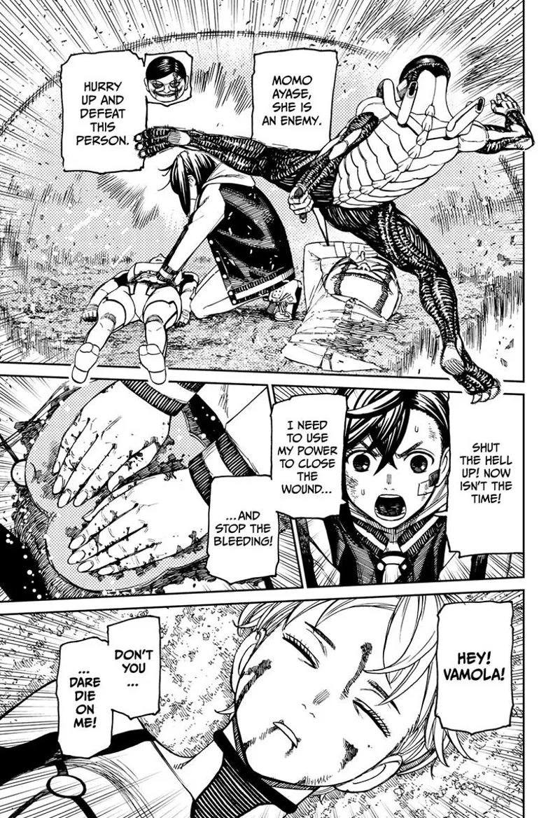 Momo cries as she tries to heal Vamola amidst the skinny alien kicking the barrier.
