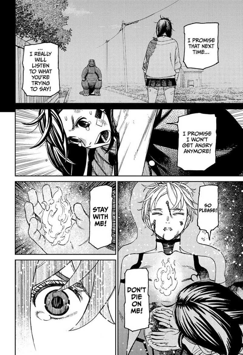 Momo sees a burning flame inside Vamola. She grabs the golden flame.