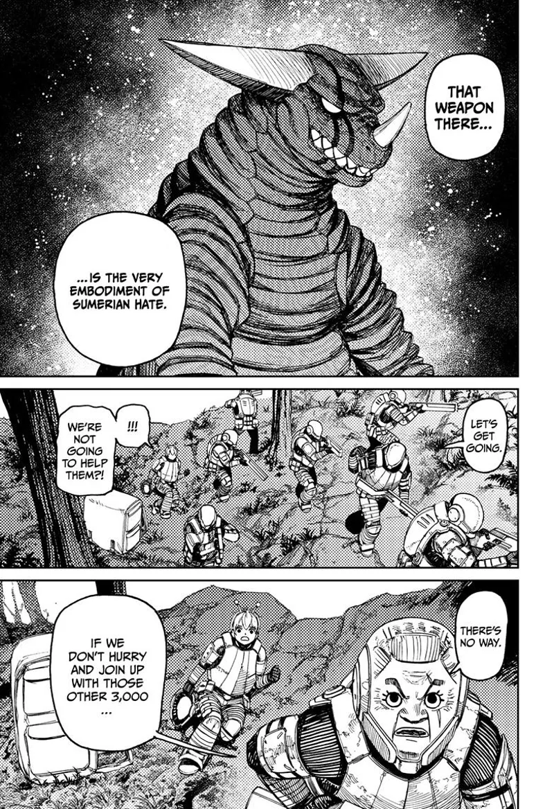 The soldiers fall back, leaving the Kaiju weapon, which looks like the Sumerian God.