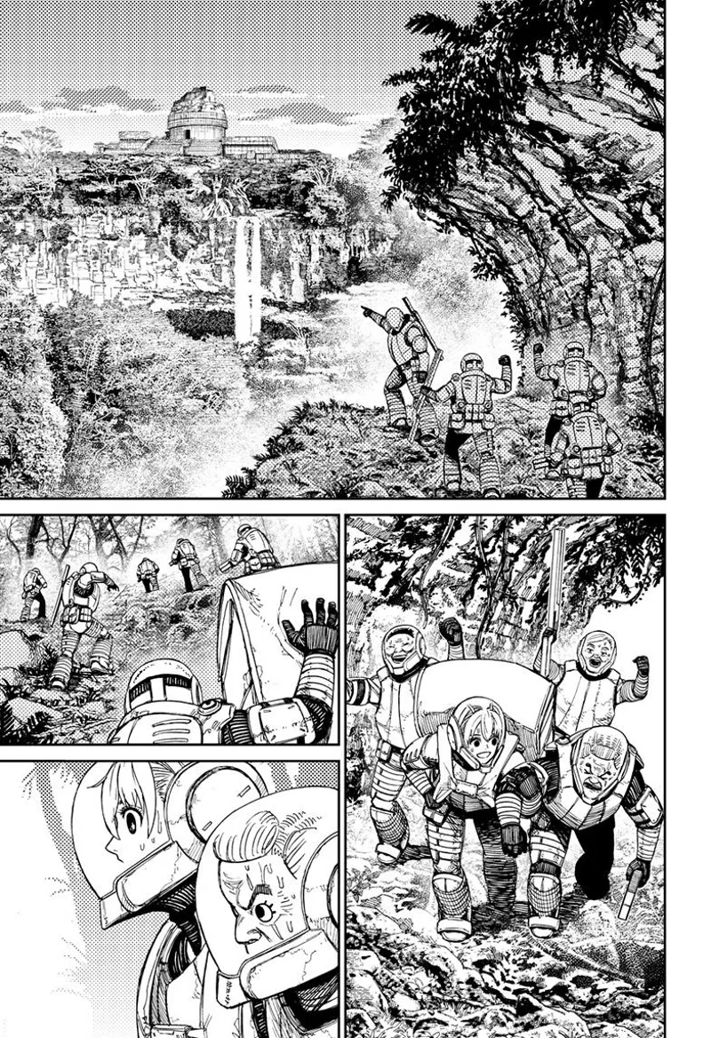 The troops continue walking, and they see ruins on the other side of the cliff.
