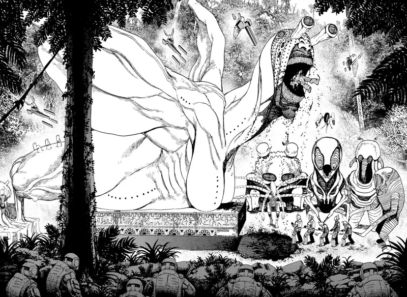 The soldiers see the aliens feeding another huge alien with the captured soldiers.