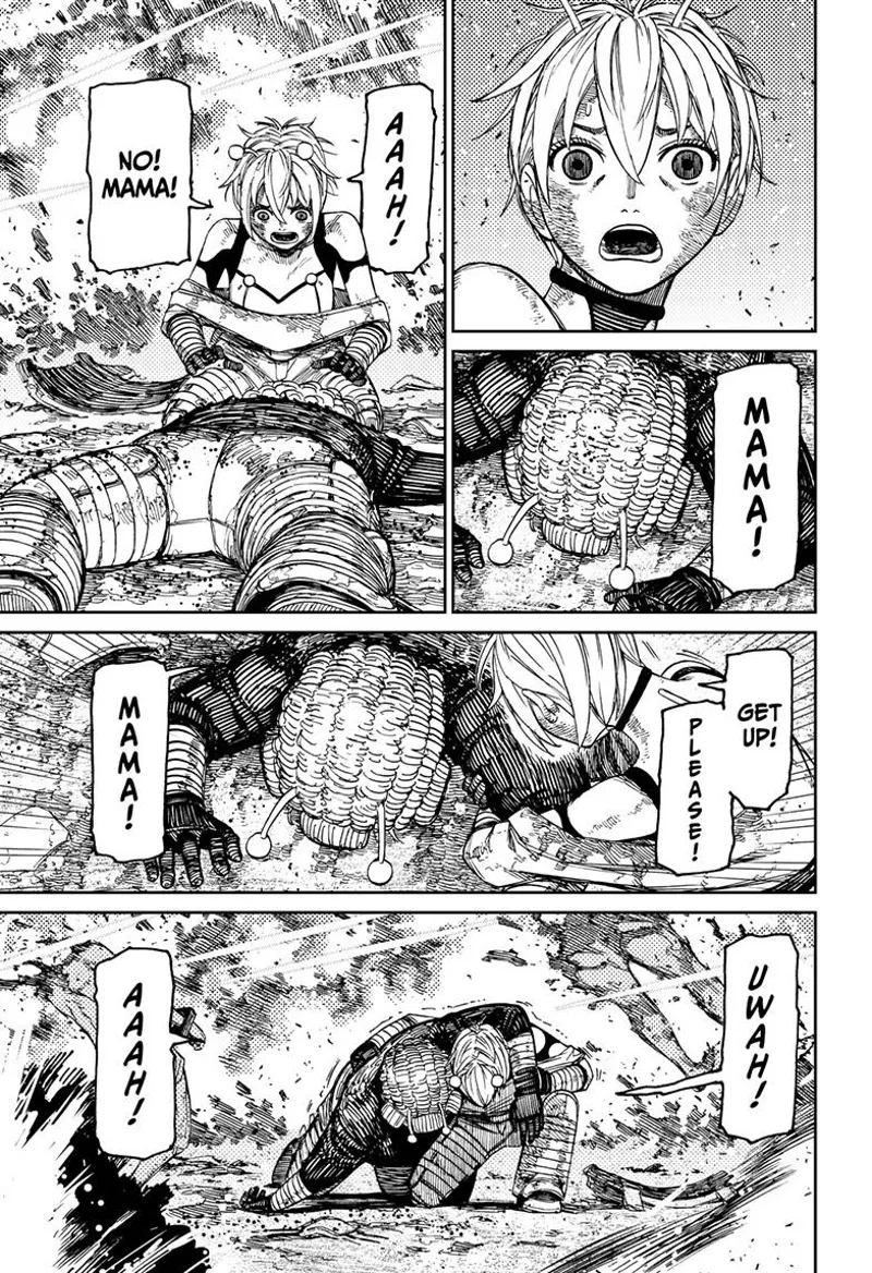 Vamola tries to wake Ms. Banga up. She carries her amidst the chaos and explosions.