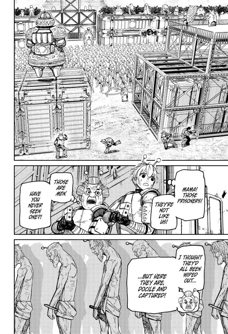 Vamola sees men captured as they sneak behind the huge boxes while the enemy aliens stand above them.