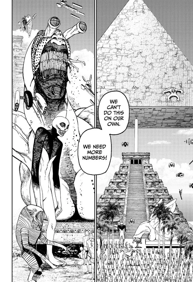 Aliens guard near the stairs leading to the pyramid while Big Mama monster devours the soldiers.