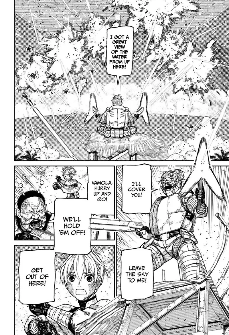 Tome is on a platform and she shoots every enemy she sees. She tells Vamola to go to the pyramid as she holds the enemy off.