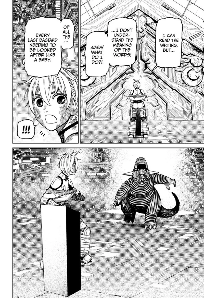 Vamola can read the writings but cannot understand the words. She looks behind her and sees Ms. Banga in the Kaiju suit.
