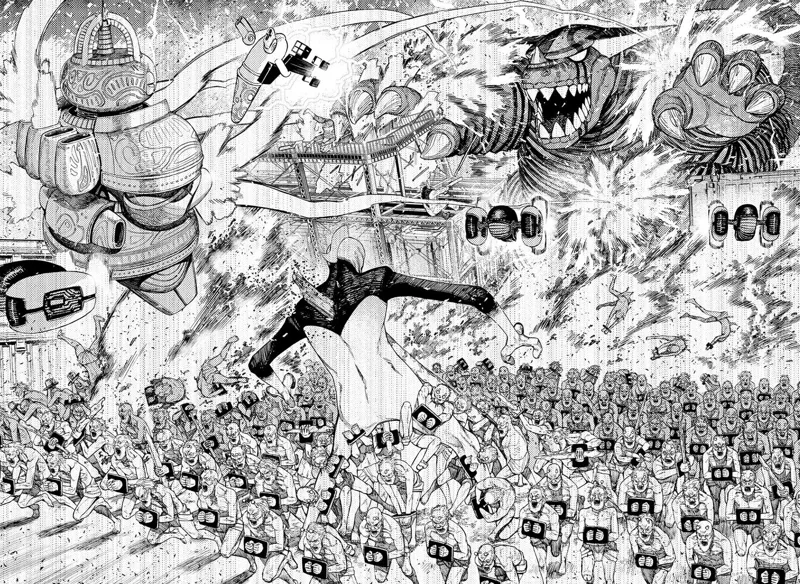 The captured soldiers start attacking in droves. Kaiju Banga explodes as the enemy aliens fire at her.