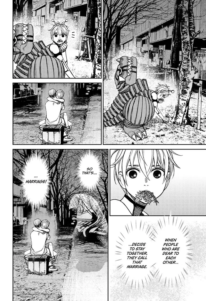 Vamola picks up grass and eats it. She camouflages her Kaiju suit and sees a man and woman kissing in a park.