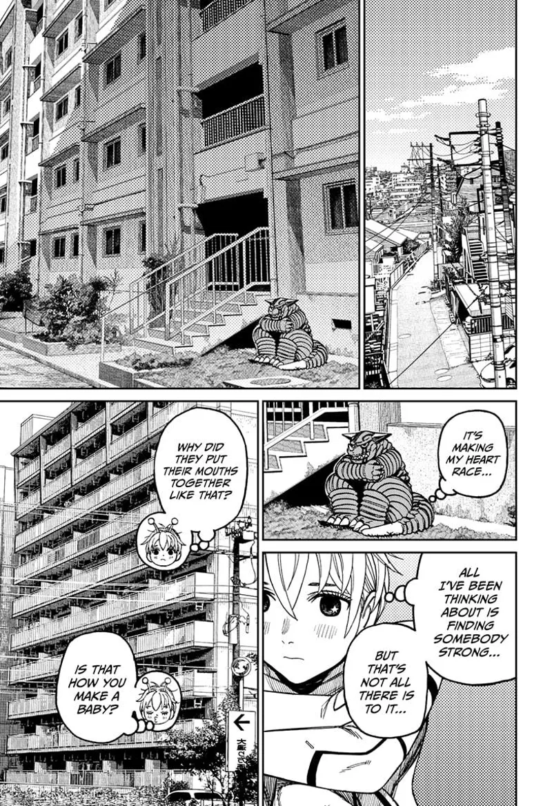 Vamola sits near a building and thinks about finding a strong person and the kissing scene she saw.