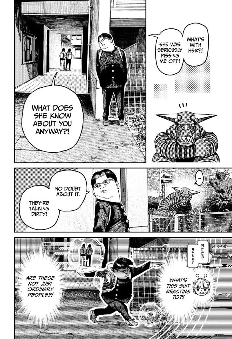 Vamola sees Kinta following Momo and Okarun. Kinta makes poses, and Vamola's Kaiju suit reacts.