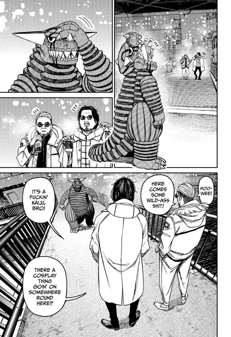 Vamola walks wearing the Kaiju suit and spots two men in white coats.