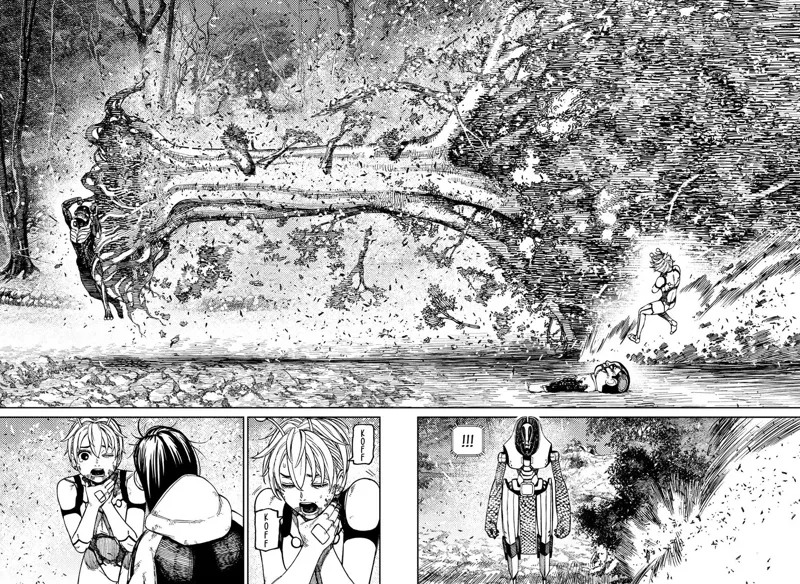 The skinny alien gets it by a huge tree. Vamola is freed, while the alien leader is dumbfounded.