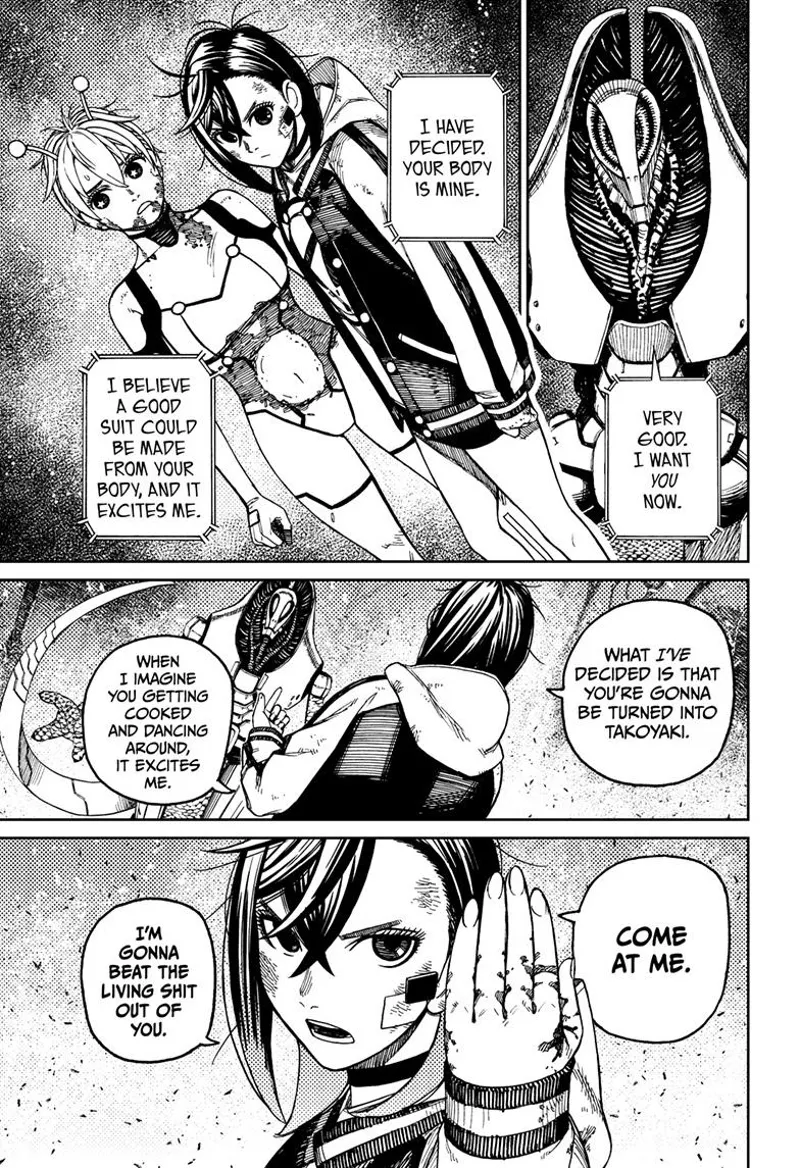 The alien leader is excited to defeat Momo. Momo urges him to come because she plans to beat him.