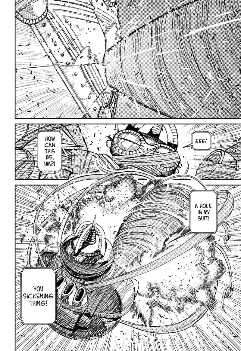 The missile robot notices a hole in his suit as the hair drill keeps boring through his armor.