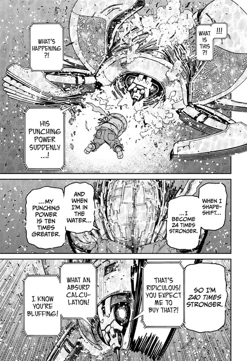 The alien mantis's pincers are destroyed. Mr. Shrimp claims he is 240 times stronger in water.