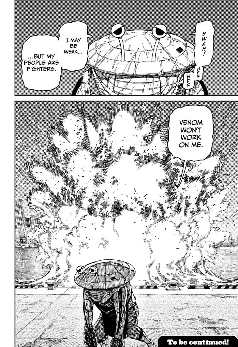 Mr. Shrimp walks away, and a massive explosion occurs in the water behind him.