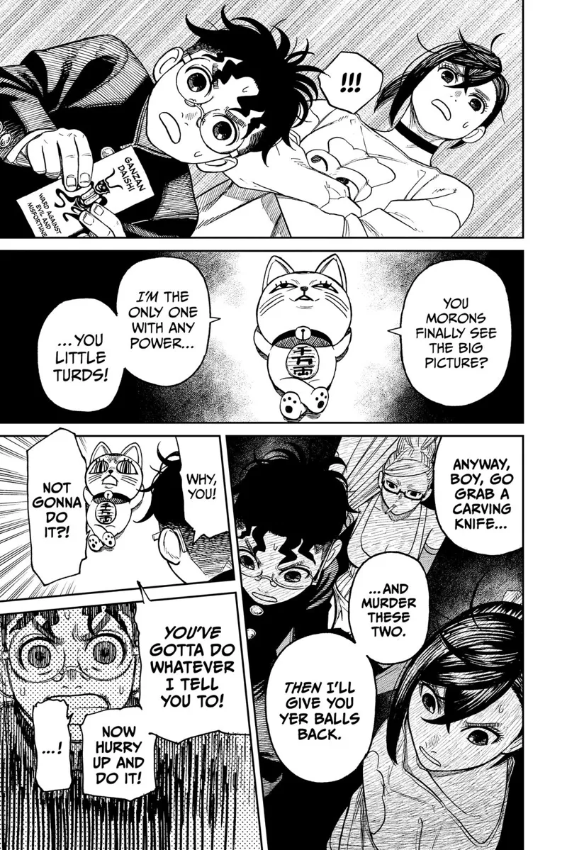 Momo and Okarun are shocked. Turbo Granny tells Okarun to get a knife and defeat Momo and Grandma.