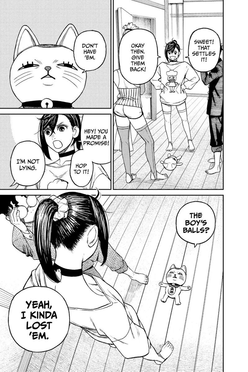Momo, Okarun, and Grandma stand. Turbo Granny inside the kitten doll tells them he lost Okarun's balls.